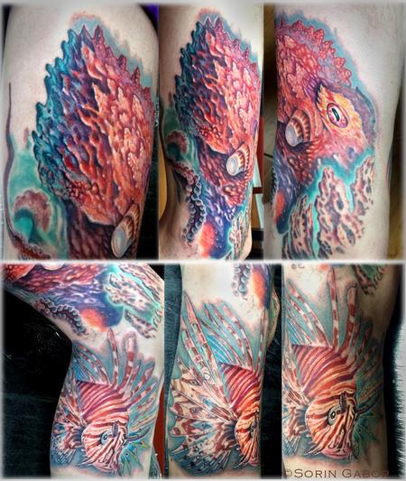 Tattoos - realistic color octopus lionfish underwater bio tattoo - 131429